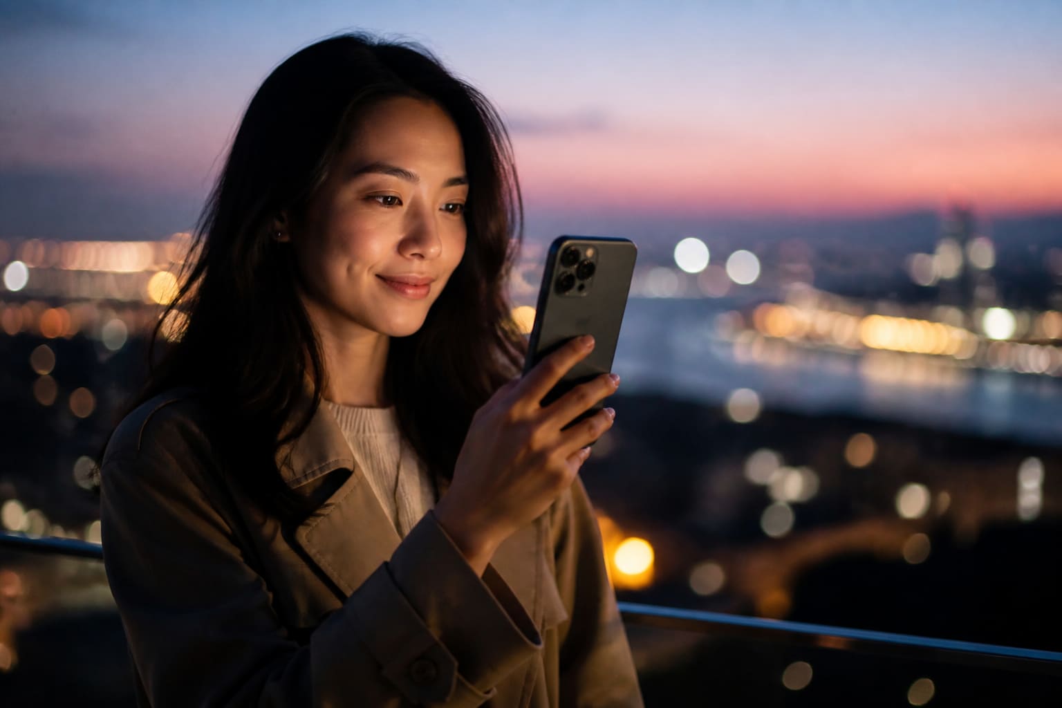Person holding a smartphone at dusk with city lights