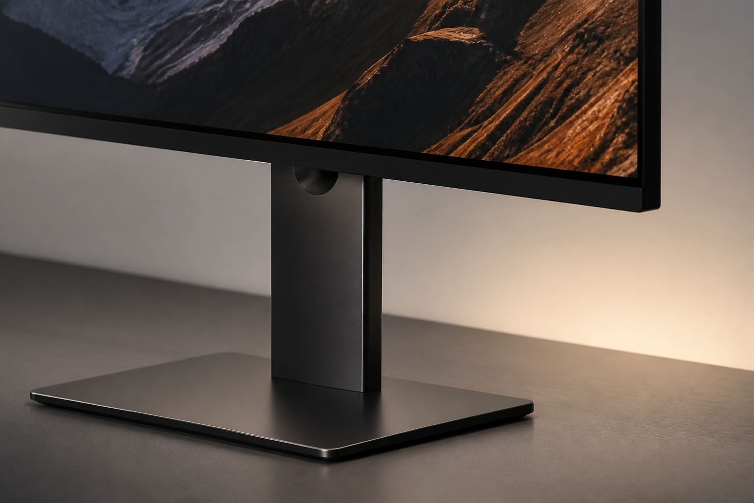 Dual monitor desk setup with laptop on a stand
