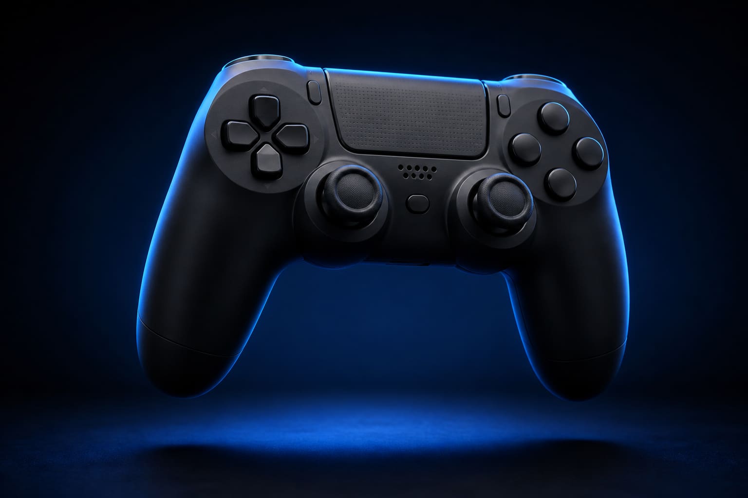 Close-up of a game console power button with soft blue glow