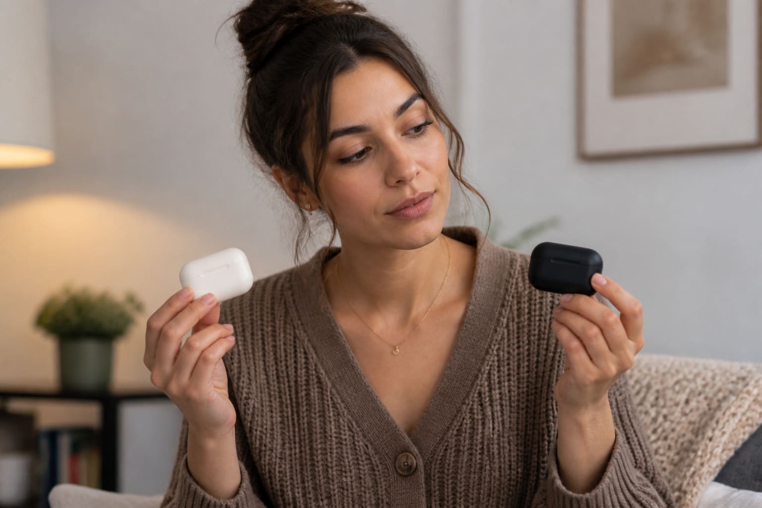 Wireless earbuds beside an iPhone on a café table