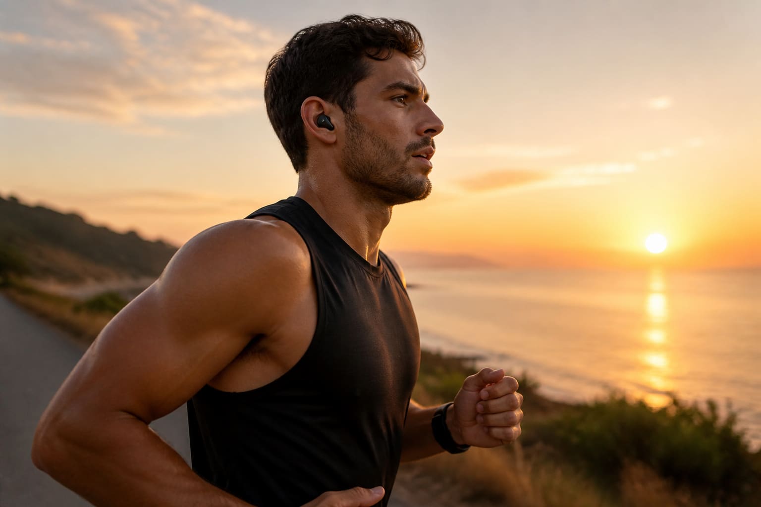 Runner wearing ear-hook sport earbuds on a canal path