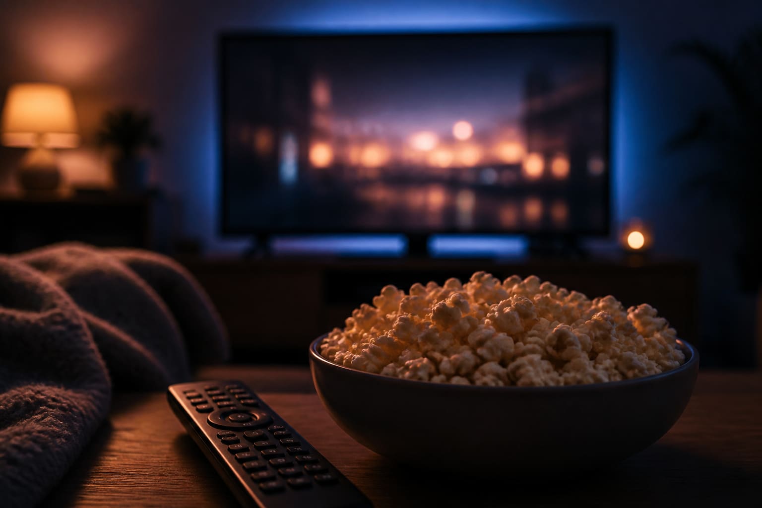 Remote control on a sofa with streaming apps on a TV in the background
