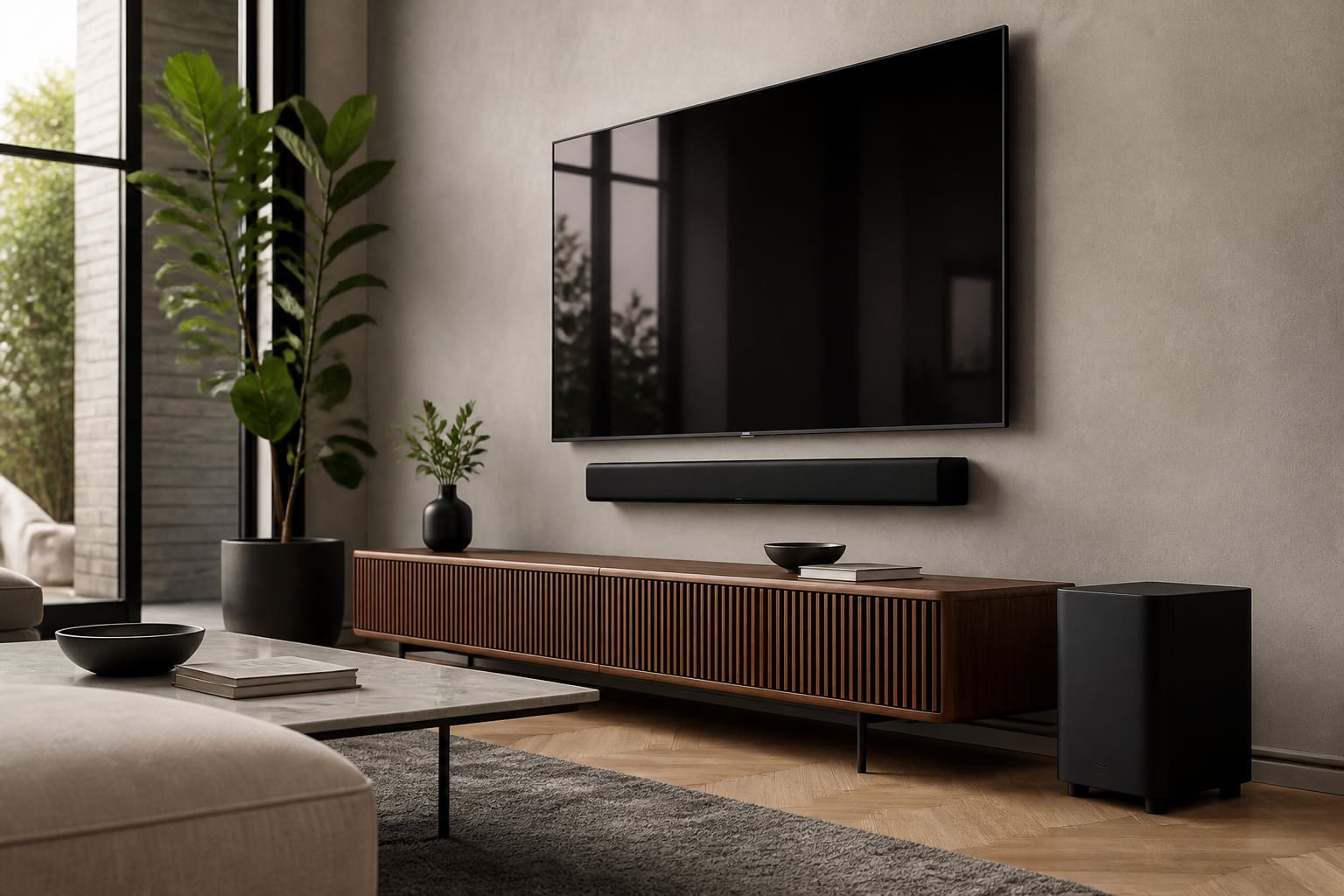 Family watching a film on TV with a soundbar visible below the screen