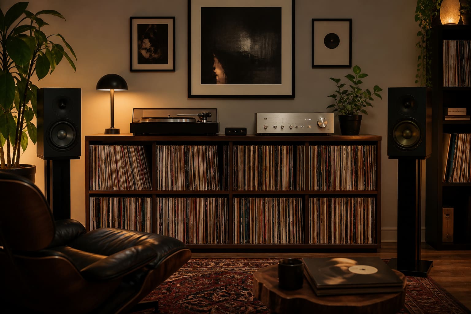 Record collection on shelves beside a turntable and amplifier